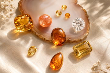 Sun-inspired jewelry gemstones featuring citrine, sunstone, yellow sapphire, amber, and diamond arranged on a decorative agate tray in warm golden light.