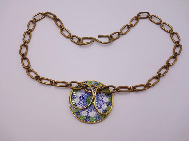 Antique adjustable choker necklace, enameled center with a gold plated chain