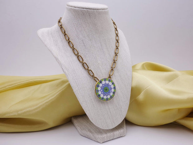 Antique adjustable choker necklace, enameled center with a gold plated chain