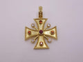 Gold Cross necklace pendant with diamonds, sapphires and a ruby