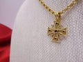Gold Cross necklace pendant with diamonds, sapphires and a ruby